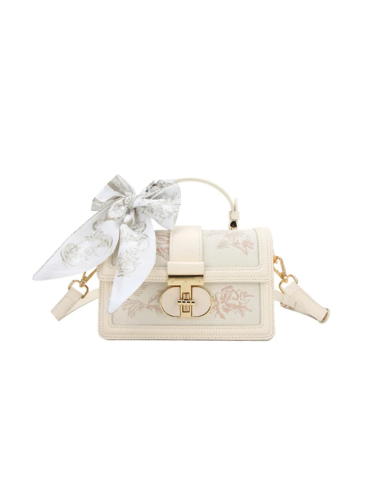 Luxury Vanity Case – Elegant Chinoiserie Bag with Silk Scarf Handle & Charming Accents – Versatile Handheld Crossbody