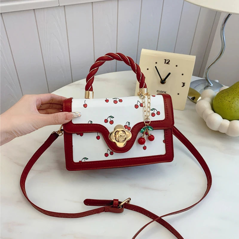 Luxury Cherry Print Crossbody Bag - High-Quality Square Shoulder Bag with Top Handle