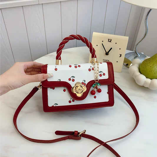 Luxury Cherry Print Crossbody Bag - High-Quality Square Shoulder Bag with Top Handle