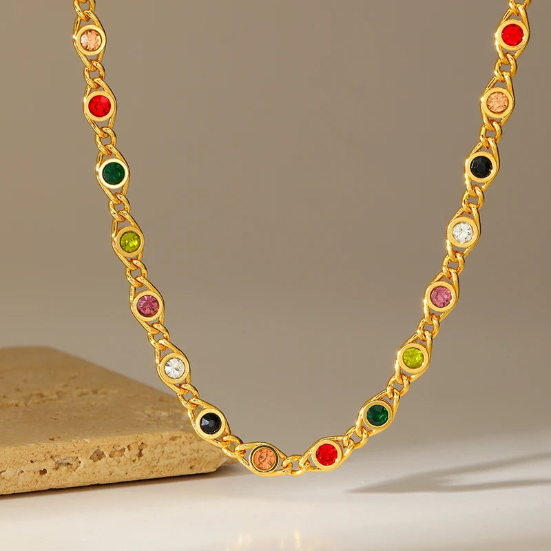 Elegant Stainless Steel Necklace & Bracelet Set with Colored Zircon