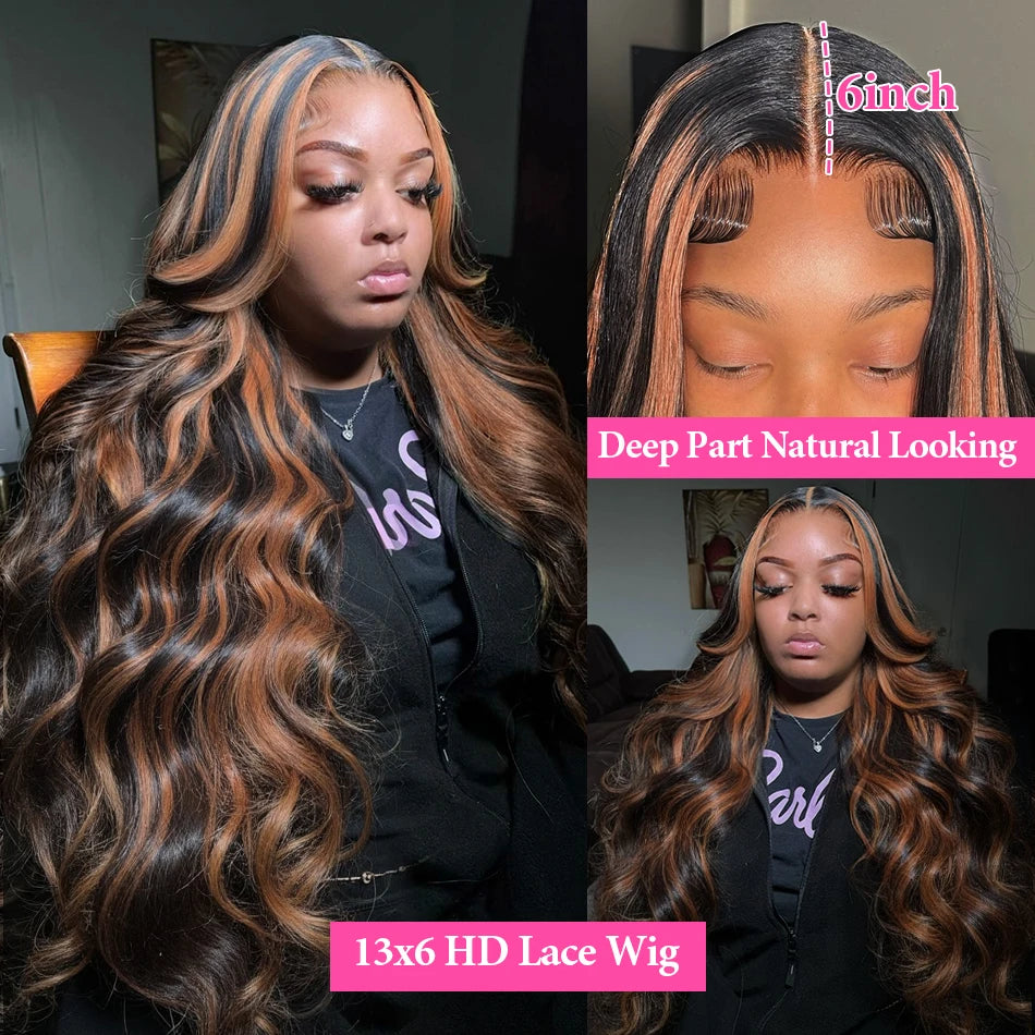 HD Lace Frontal Wig: 30" Body Wave Human Hair with Brown Highlights (220% Density)