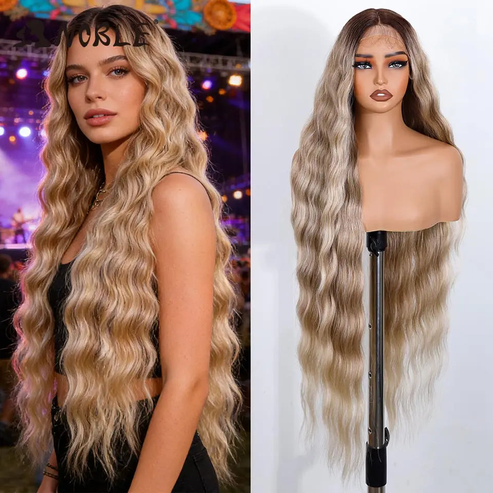 36" Long Body Wave Synthetic Lace Front Wig – Ombre Blonde & Golden