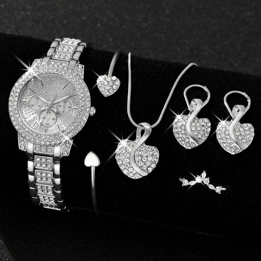 Luxury Women’s Gold Quartz Watch & Jewelry Set | Matching Necklace, Earrings & Ring