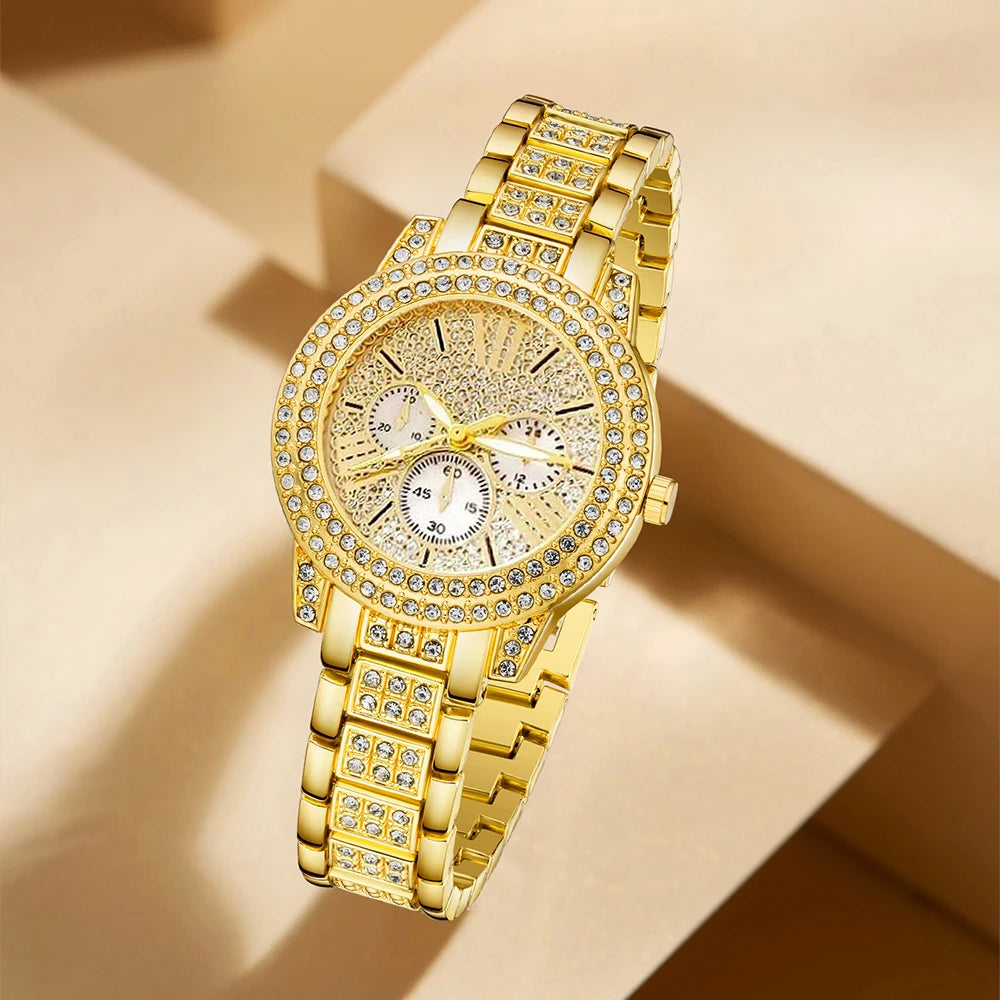 Luxury Women’s Gold Quartz Watch & Jewelry Set | Matching Necklace, Earrings & Ring