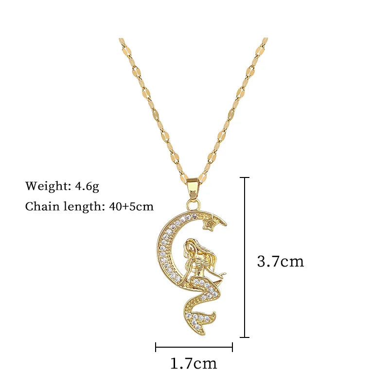 Mermaid Moon Celestial Necklace in Polished Stainless Steel – Tarnish-Free