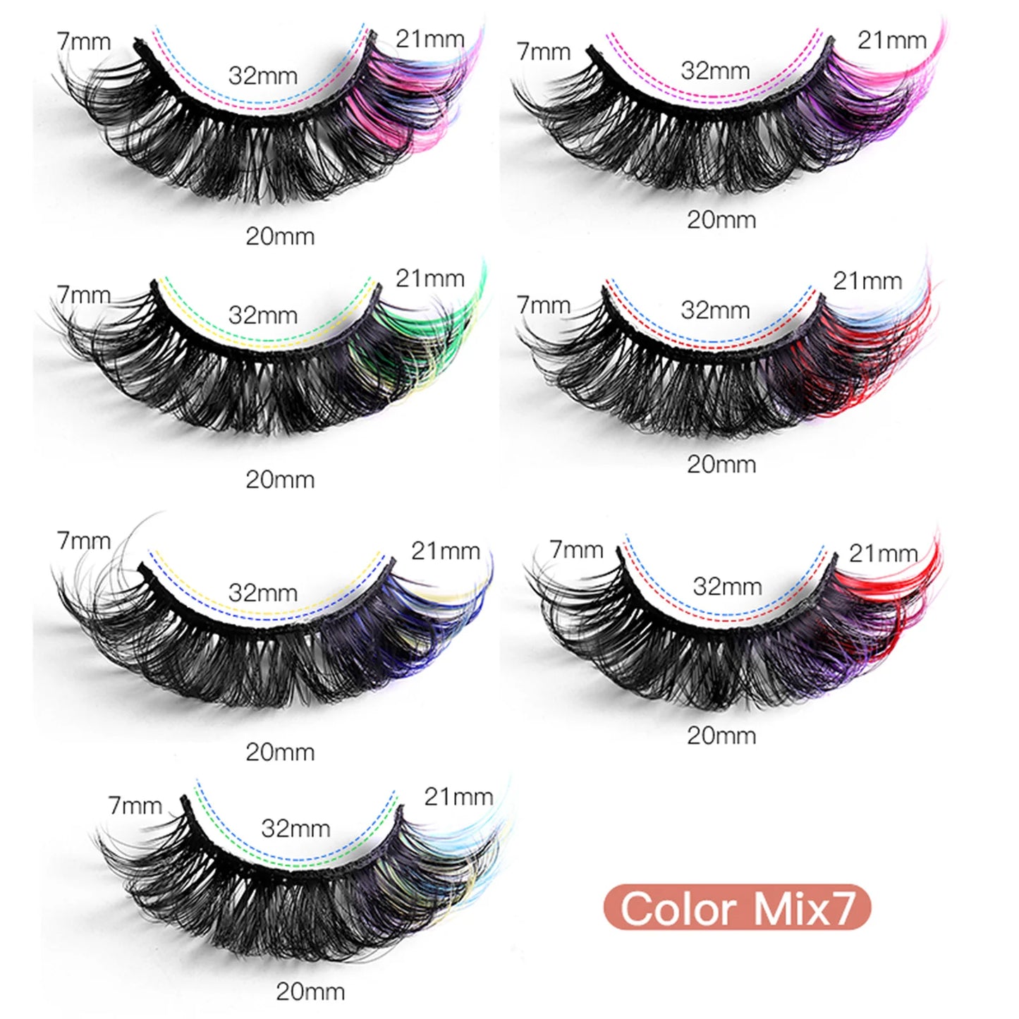 7 Pairs D-Curl Colored Faux Mink Lashes - Fluffy Dramatic Volume False Eyelashes Set
