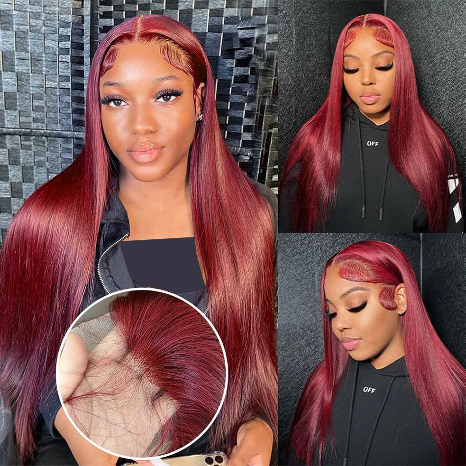 99J Burgundy 13x6 HD Lace Frontal Wig – 250% Density Brazilian Straight Human Hair (30-40")