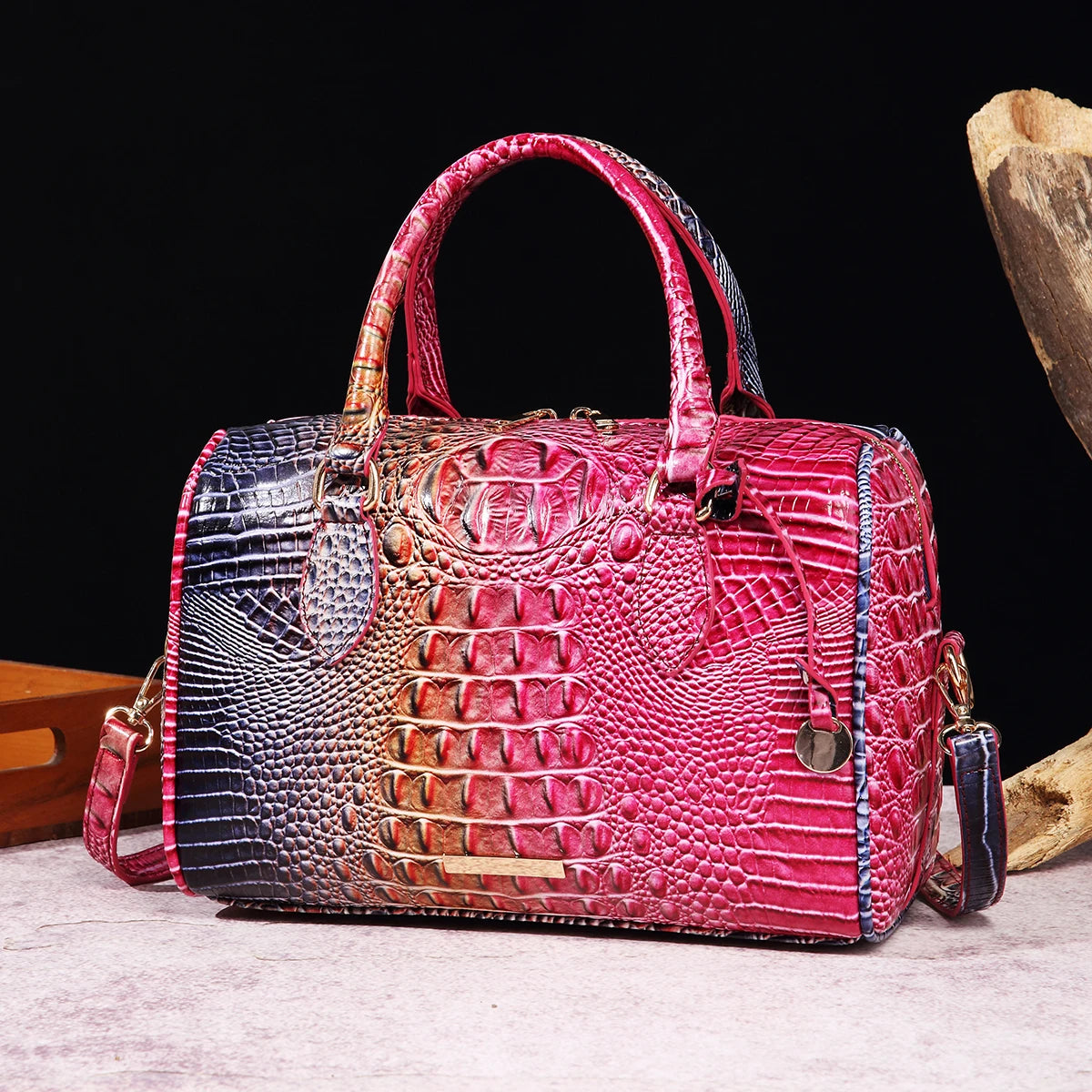 Ombre Crocodile Embossed Leather Boston Bag - Classic Satchel Handbag & Crossbody Purse for Women - Croc-Effect Top Handle Bag