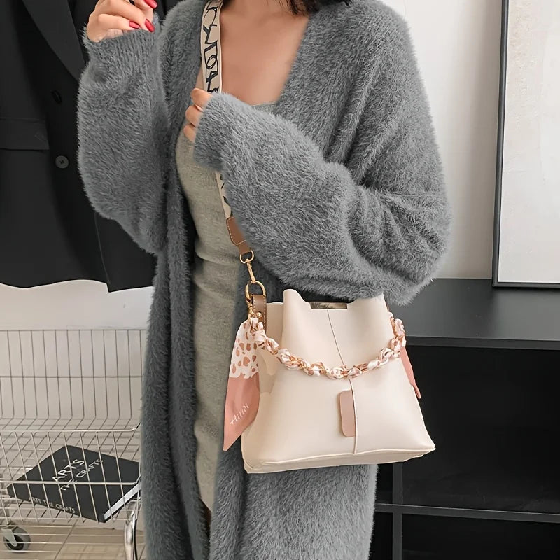 Large Capacity Bucket Shoulder Bag – Ribbon Chain Crossbody Bag for Daily Commuting