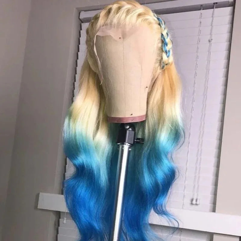 HD Transparent 13x4 Lace Frontal Wig – Ombre Blonde Body Wave (Blue Highlight)