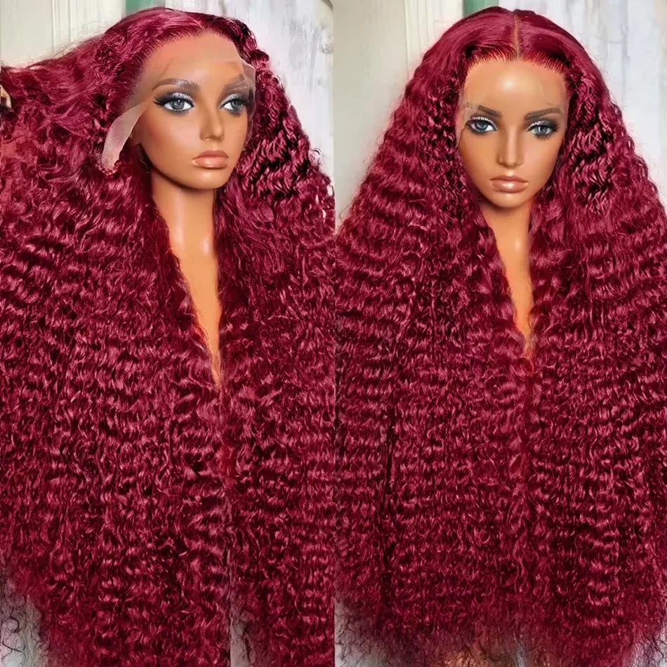 99J Burgundy Deep Wave Curly Wig – 13x6 HD Lace Frontal, Brazilian Human Hair, Pre-Plucked & Natural Hairline (30–36”)