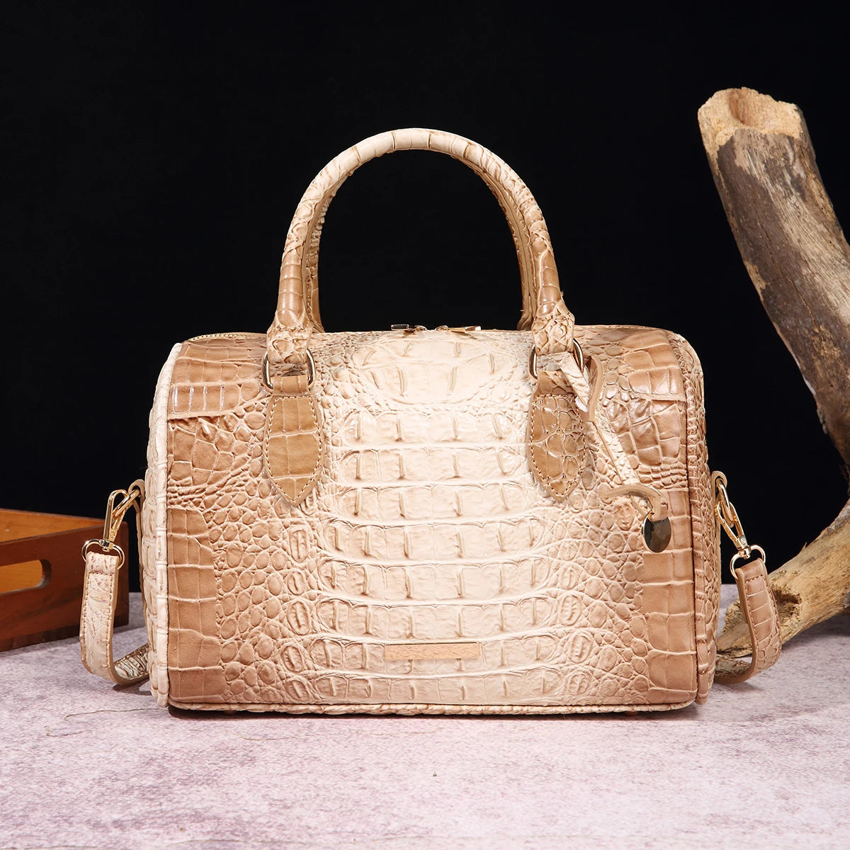 Ombre Crocodile Embossed Leather Boston Bag - Classic Satchel Handbag & Crossbody Purse for Women - Croc-Effect Top Handle Bag