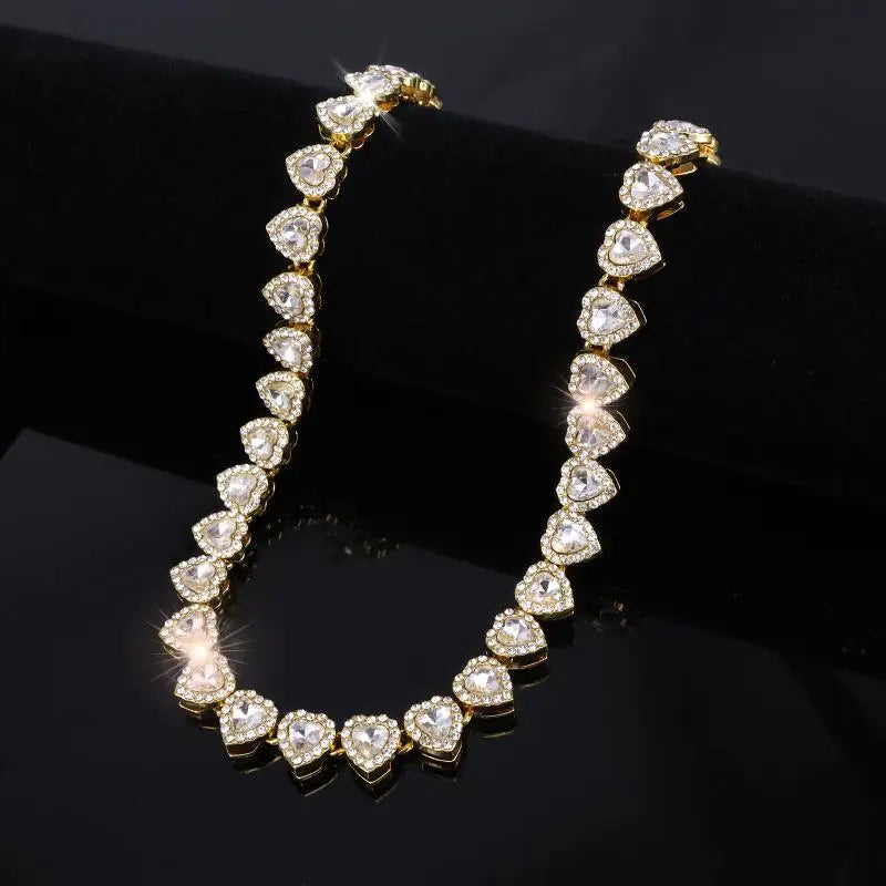 45cm CZ Heart Tennis Chain Set – Shiny Rhinestone Necklace & Bracelet Hip Hop Party Jewelry