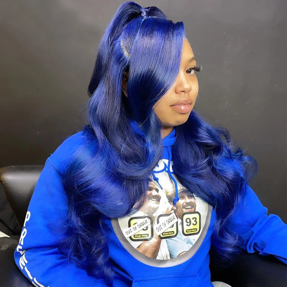 Royal Blue Body Wave HD Transparent Lace Frontal Wig – Pre-Plucked Brazilian Human Hair