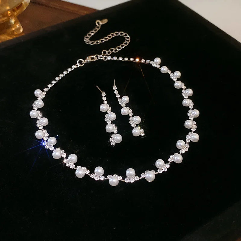 Vintage Pearl & Rhinestone Jewelry Set | Matching Choker Necklace & Earrings