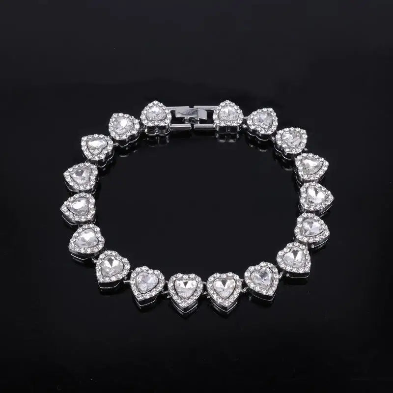 45cm CZ Heart Tennis Chain Set – Shiny Rhinestone Necklace & Bracelet Hip Hop Party Jewelry
