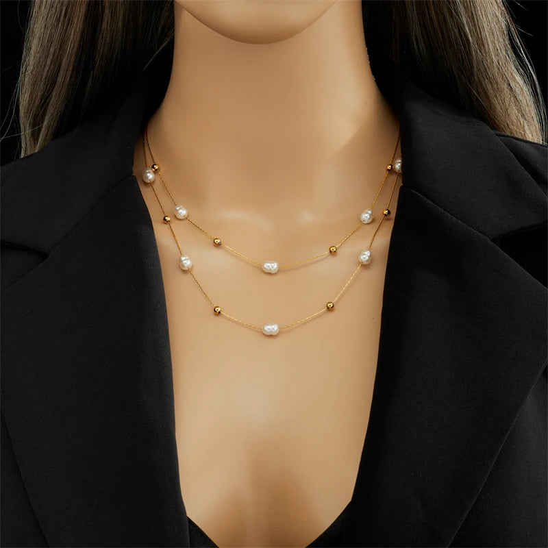 Double-Layer Pearl Choker –316L Stainless Steel Necklace