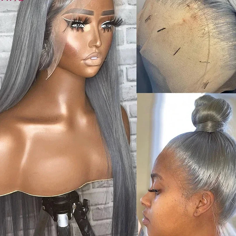 Silver Grey Straight HD Lace Frontal Wig | Glueless 13x4 Transparent Lace | 100% Brazilian Human Hair