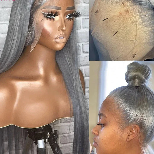 Silver Grey Straight HD Lace Frontal Wig | Glueless 13x4 Transparent Lace | 100% Brazilian Human Hair