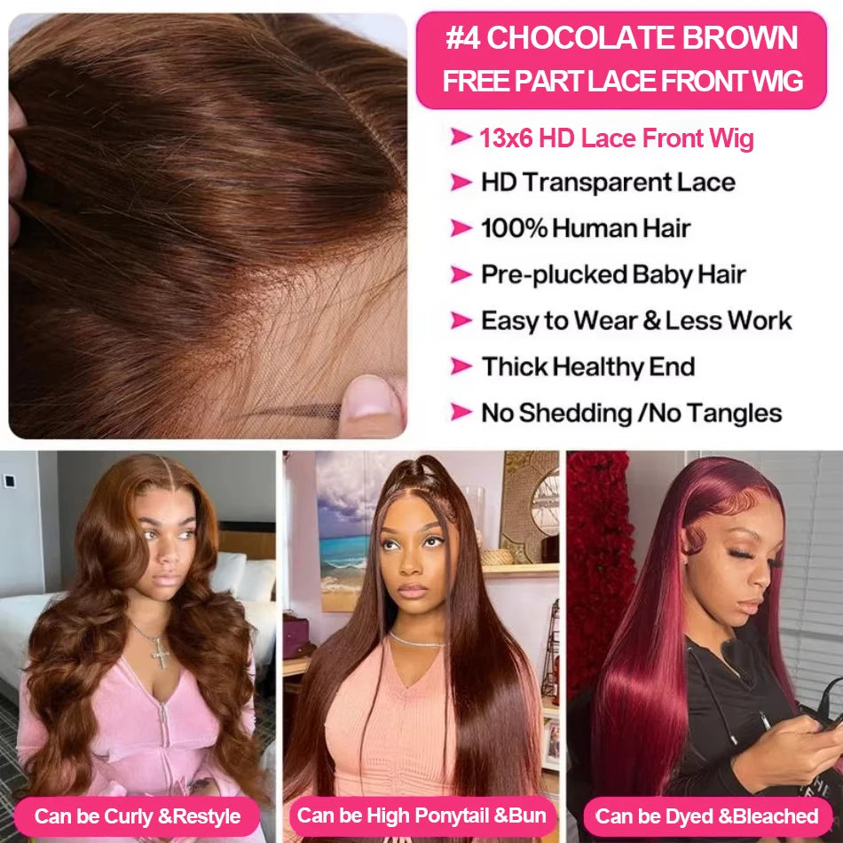 Wiglovie Chocolate Brown Body Wave HD Lace Frontal Wig - 30-40 Inch Brazilian Human Hair - 13x4 / 13x6 Pre-Plucked Hairline
