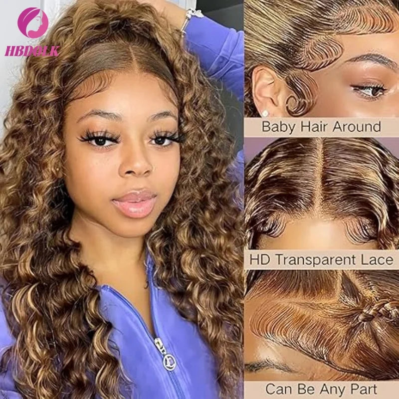 Deep Wave Glueless Lace Wig – 4/27 Honey Blonde Highlight 5x5 Human Hair