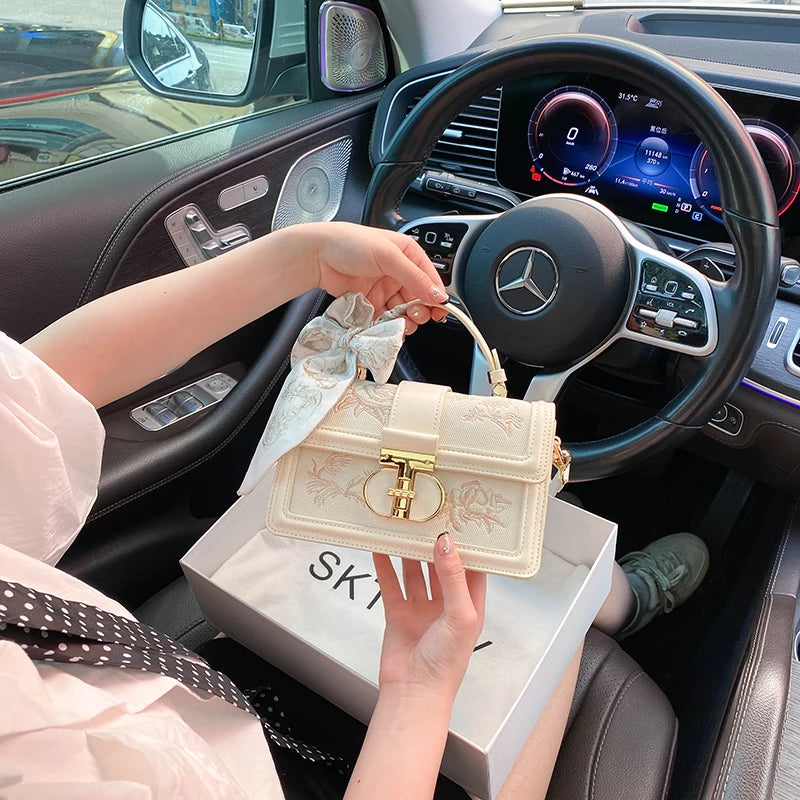Luxury Vanity Case – Elegant Chinoiserie Bag with Silk Scarf Handle & Charming Accents – Versatile Handheld Crossbody