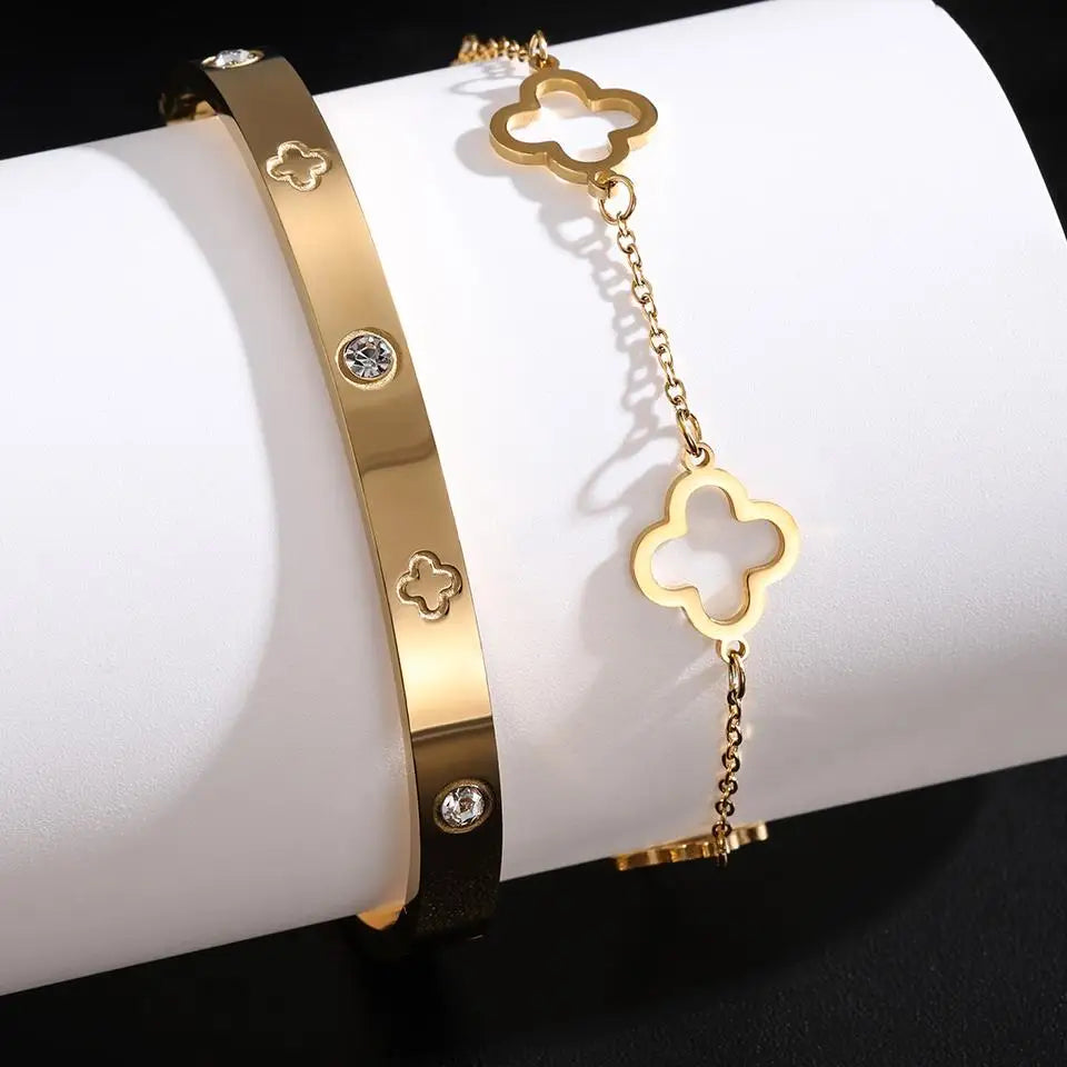 Lucky Clover & Heart Matching Bracelet Set - Stainless Steel Zircon Stack