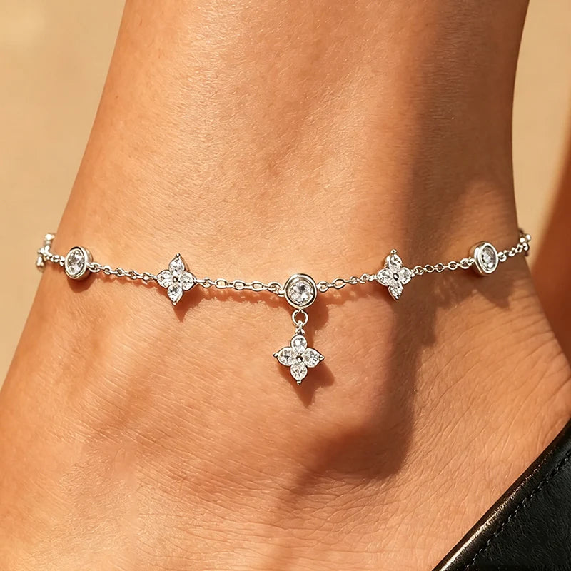 Luxury 925 Sterling Silver Clover Anklet – Dainty CZ Crystal Lucky Flower Charm Foot Jewelry for Women