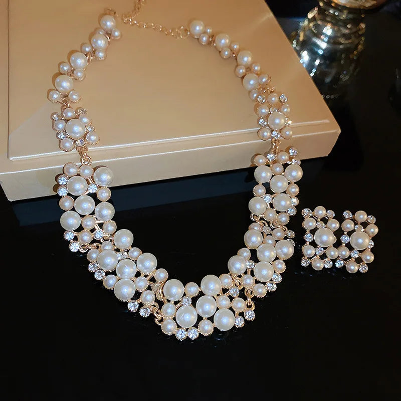 Vintage Pearl & Rhinestone Jewelry Set | Matching Choker Necklace & Earrings