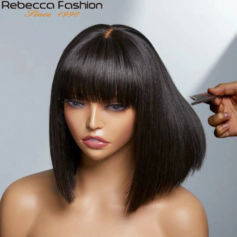 Brazilian Straight Human Hair Bob Wig with Bangs - Realistic Scalp Lace Frontal Fringe Wig