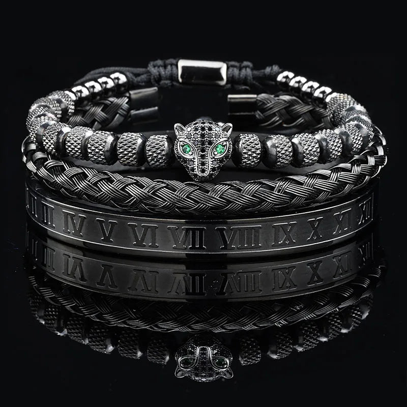 Leopard Head Black Stone Bead & Roman Bangle Jewelry Set
