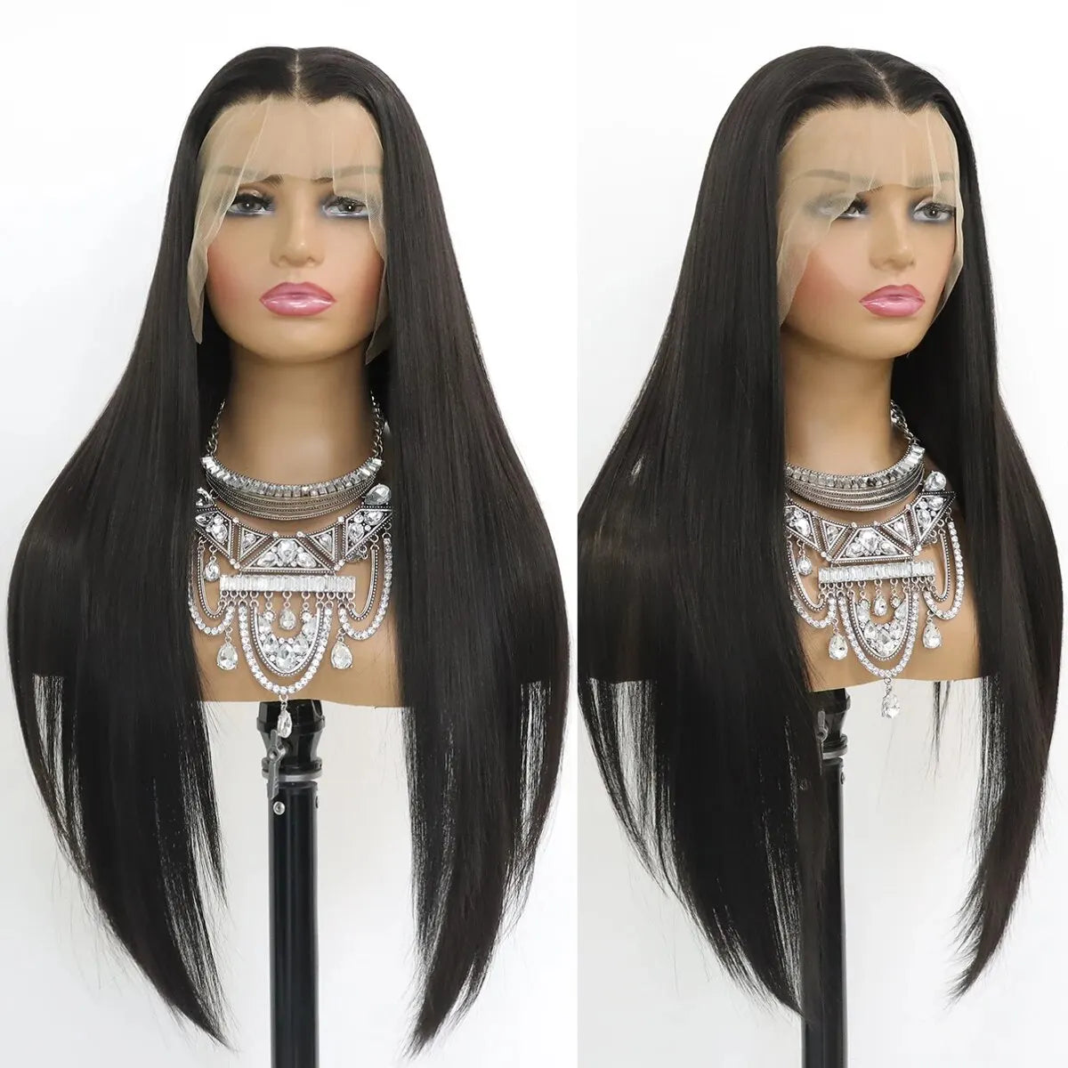 Long Straight Synthetic Lace Frontal Wig - 24” HD Lace, Heat Resistant Fiber, Natural Black
