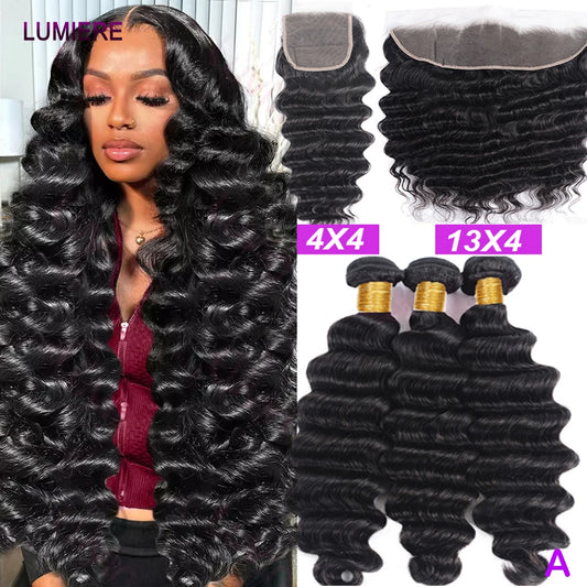 16A Grade Raw Virgin Peruvian Loose Deep Wave - 30" Bundles with HD Transparent Closure - 100% Unprocessed Human Hair Extension Set