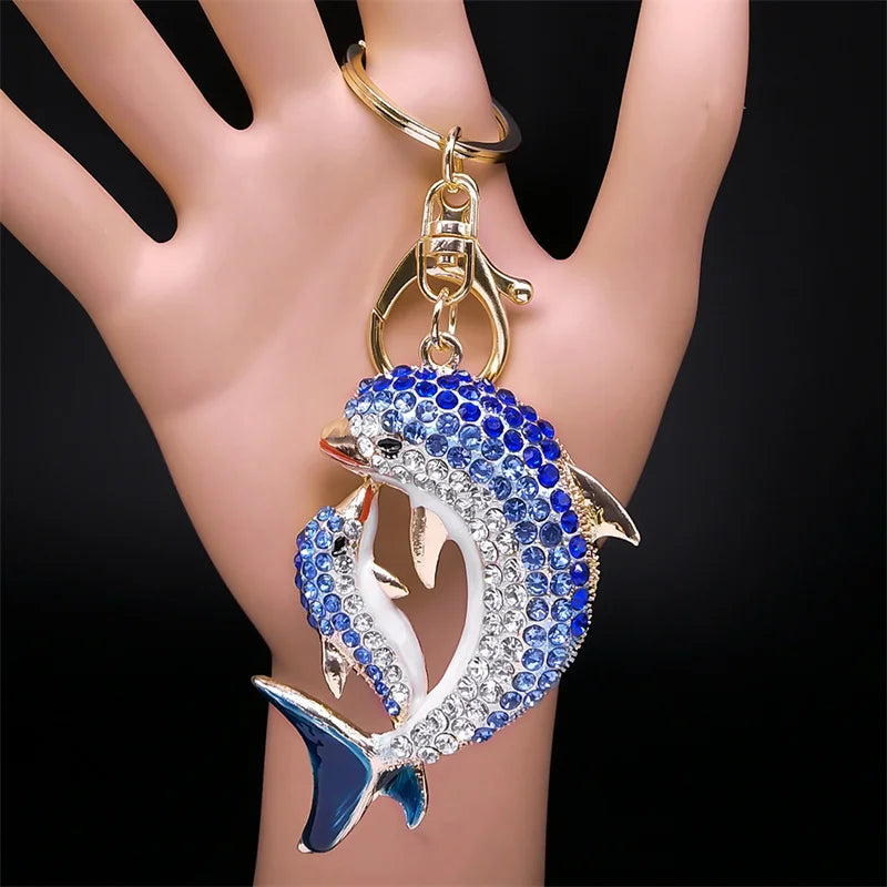 Luxury Mom & Baby Dolphin Keychain – Gold Metal Bag Charm Pendant