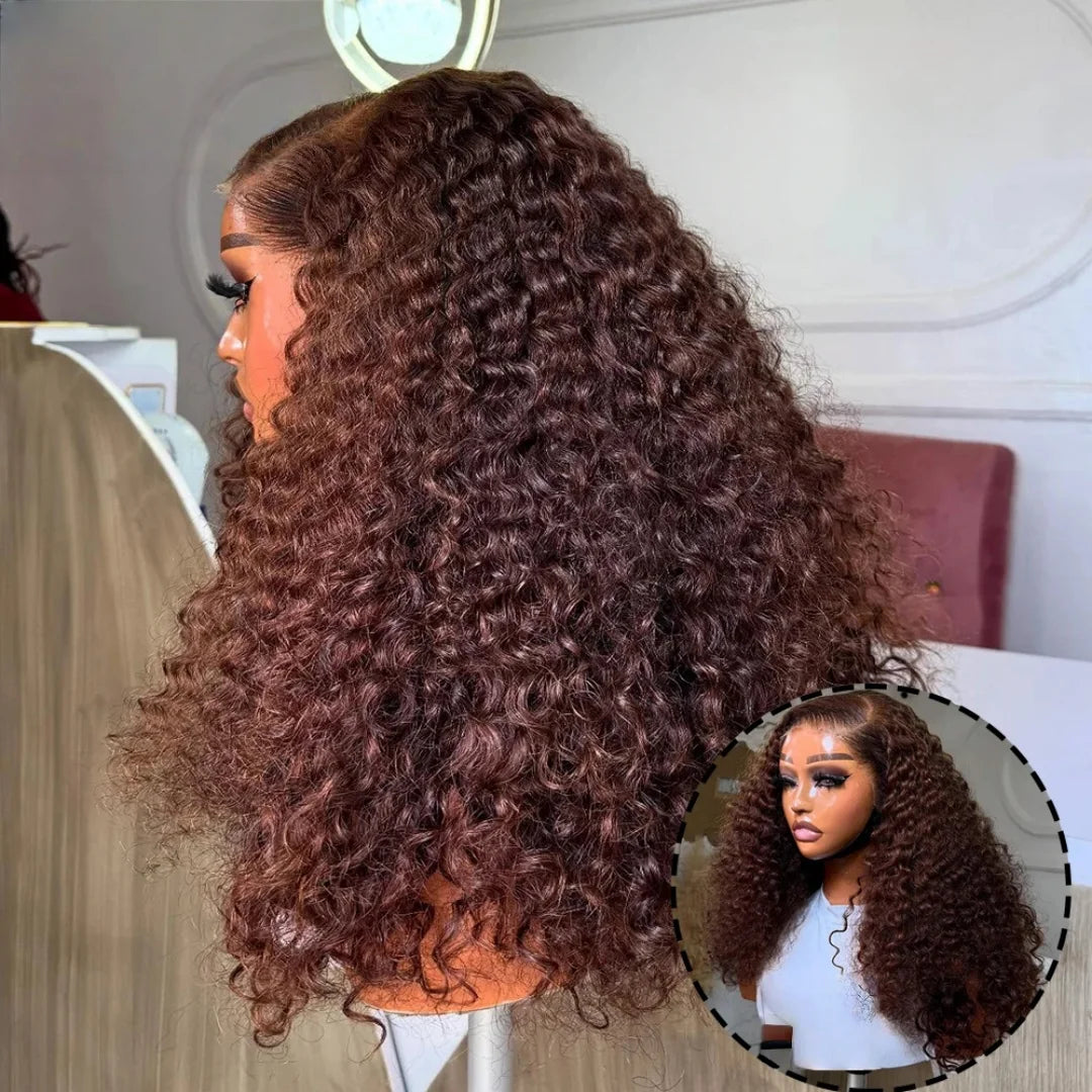 Long Kinky Curly Glueless Wig | Dark Brown 26-Inch | 180% Density Pre-plucked Lace Front synthetic