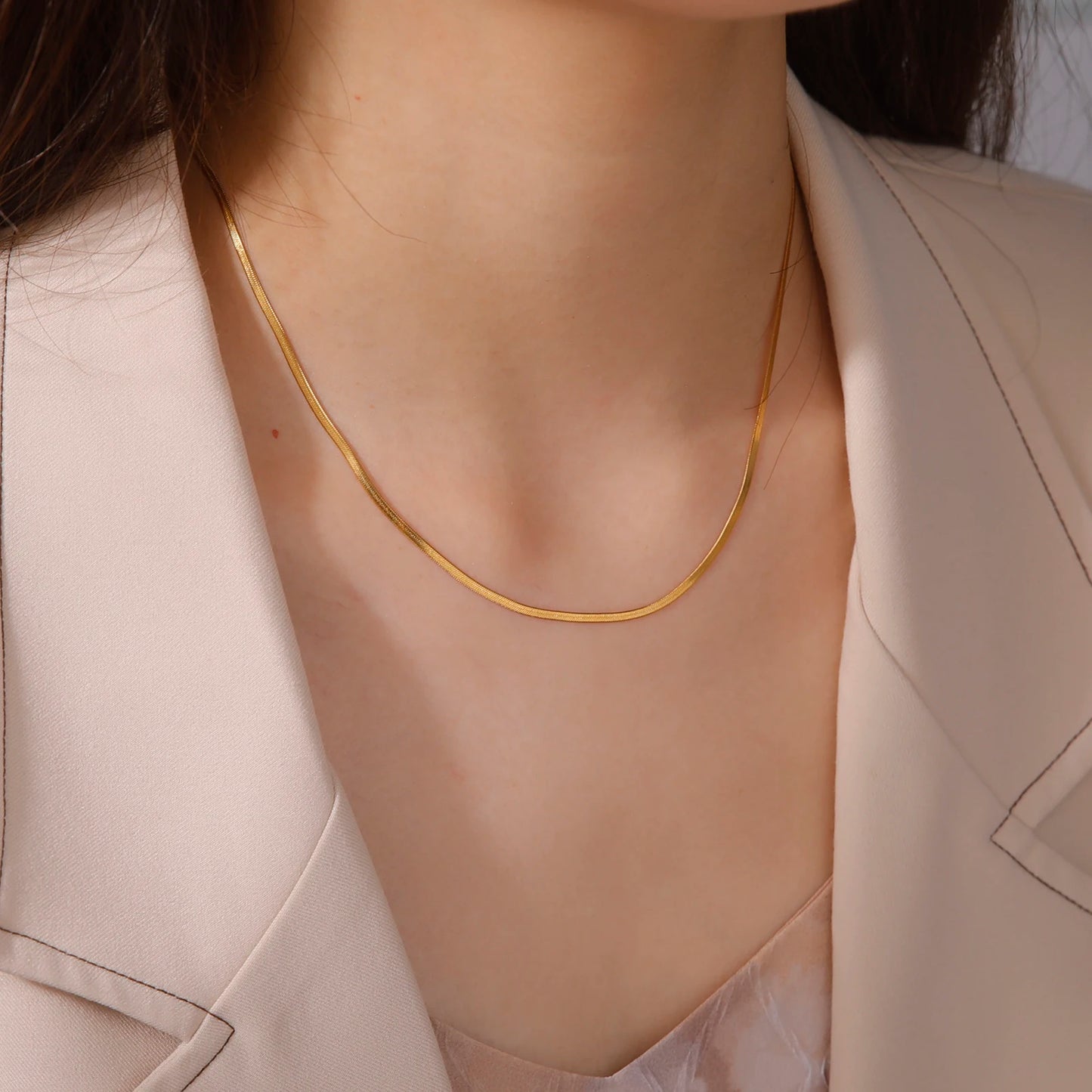 Gold Stainless Steel Flat Herringbone Chain Necklace – Unisex Snake Chain Choker Choker