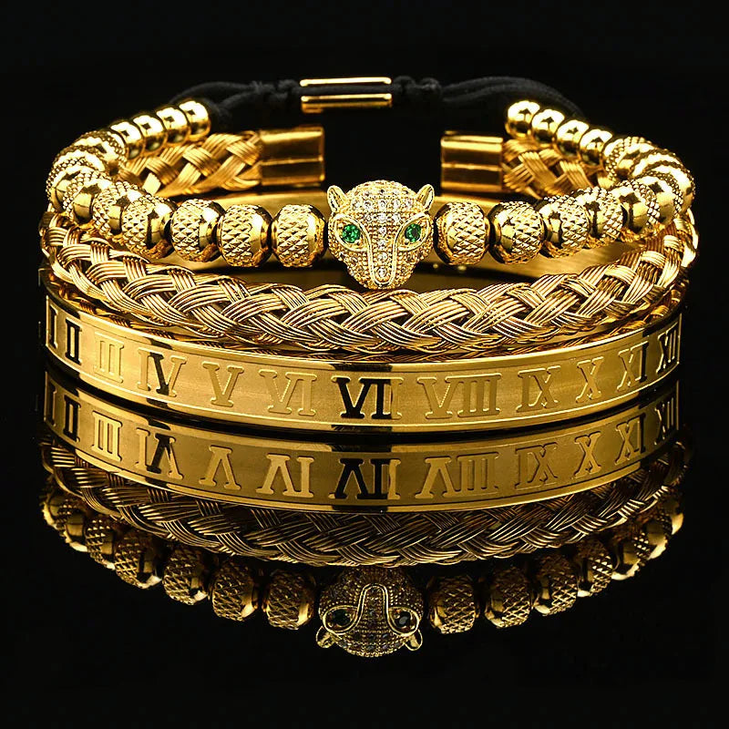 Leopard Head Black Stone Bead & Roman Bangle Jewelry Set