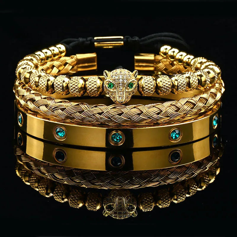 Leopard Head Black Stone Bead & Roman Bangle Jewelry Set