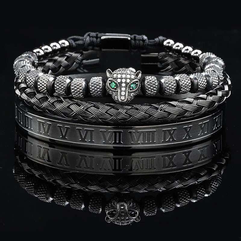 Leopard Head Black Stone Bead & Roman Bangle Jewelry Set