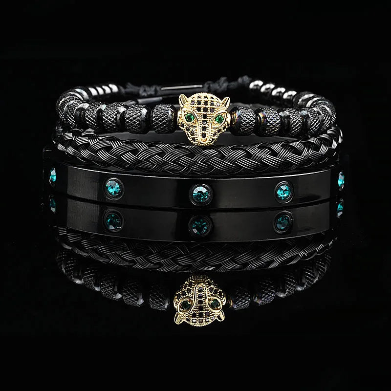 Leopard Head Black Stone Bead & Roman Bangle Jewelry Set