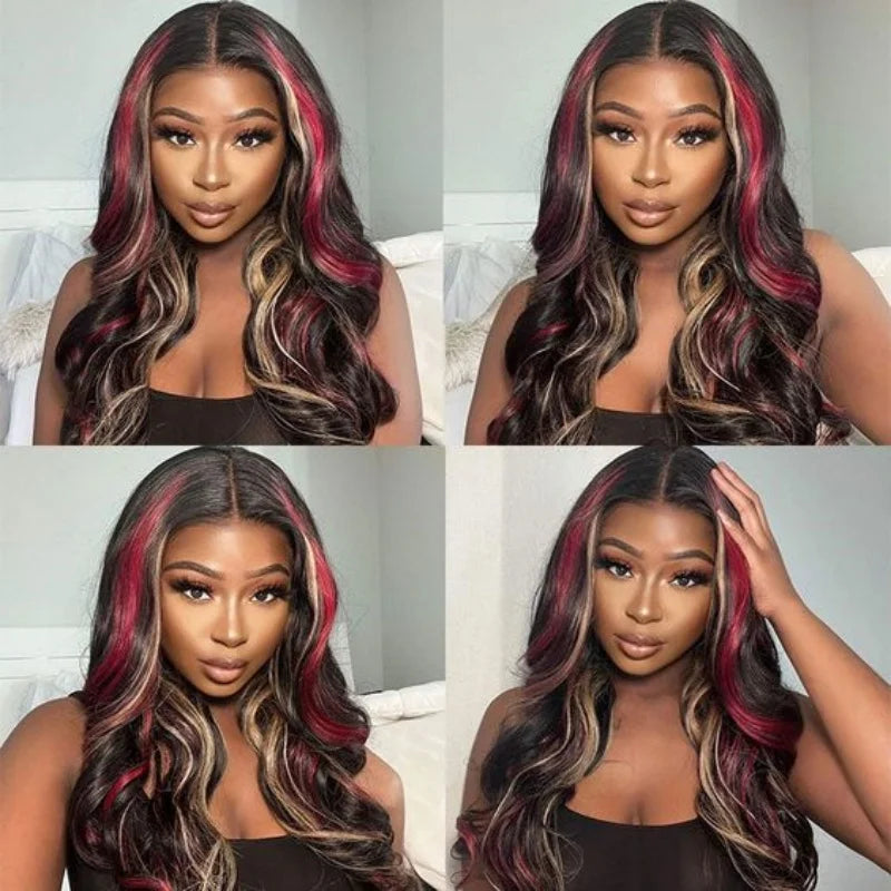 Red & Black Ombre Body Wave Synthetic Wig – 13x6 Lace Front with Blonde Highlights