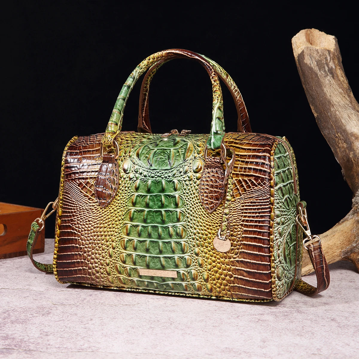 Ombre Crocodile Embossed Leather Boston Bag - Classic Satchel Handbag & Crossbody Purse for Women - Croc-Effect Top Handle Bag