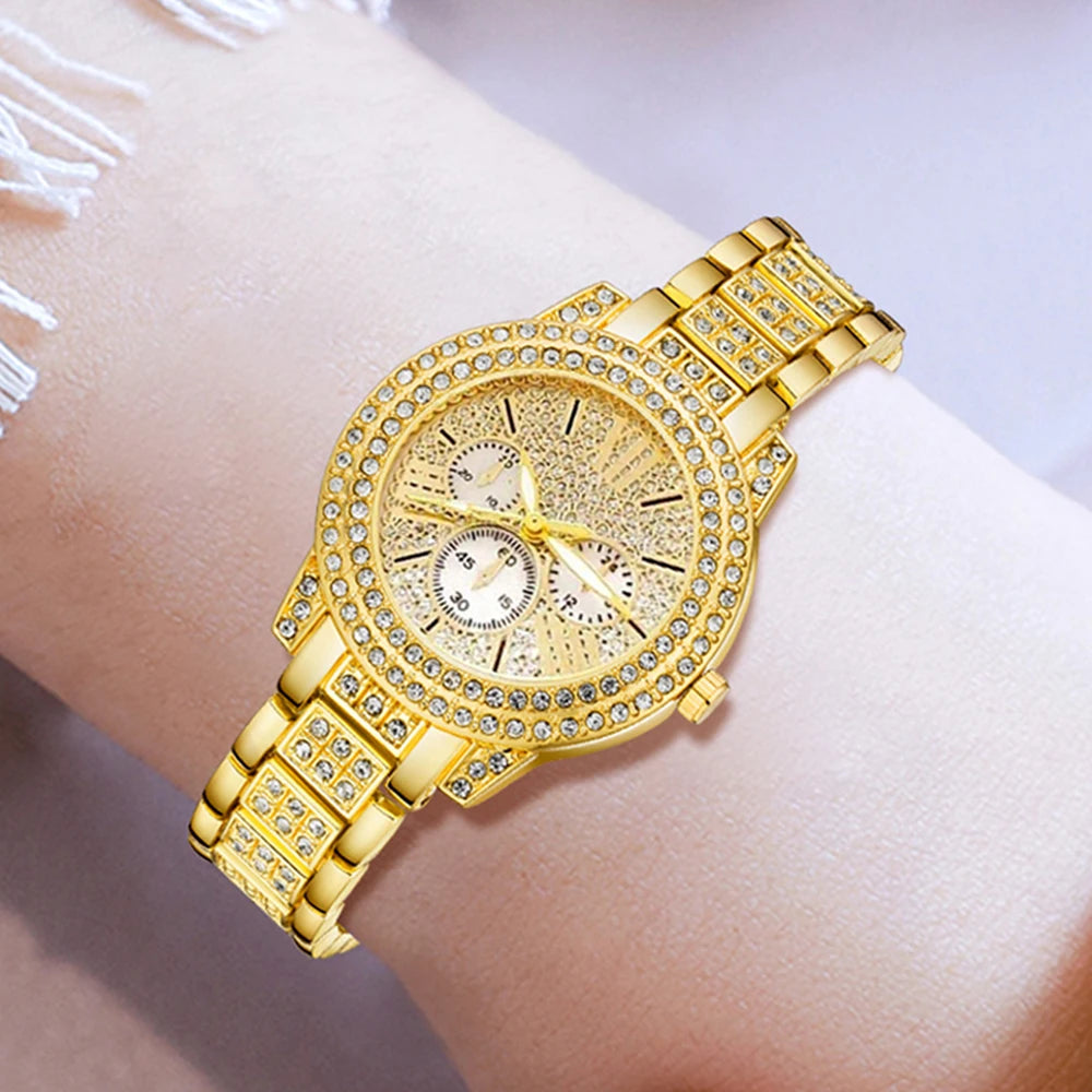 Luxury Women’s Gold Quartz Watch & Jewelry Set | Matching Necklace, Earrings & Ring