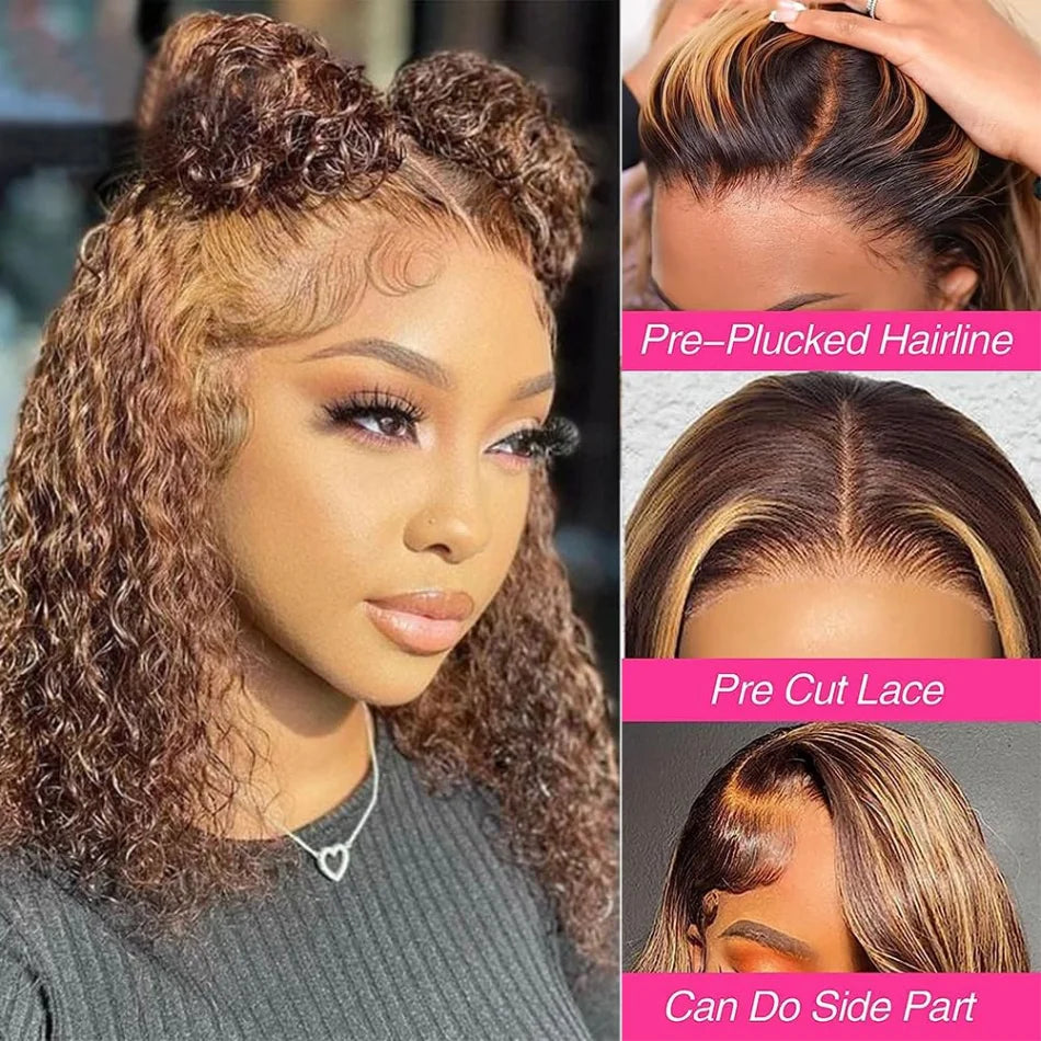Glueless P427 Highlight Ombre Curly Bob: 5x5 HD Lace Closure Human Hair Wig