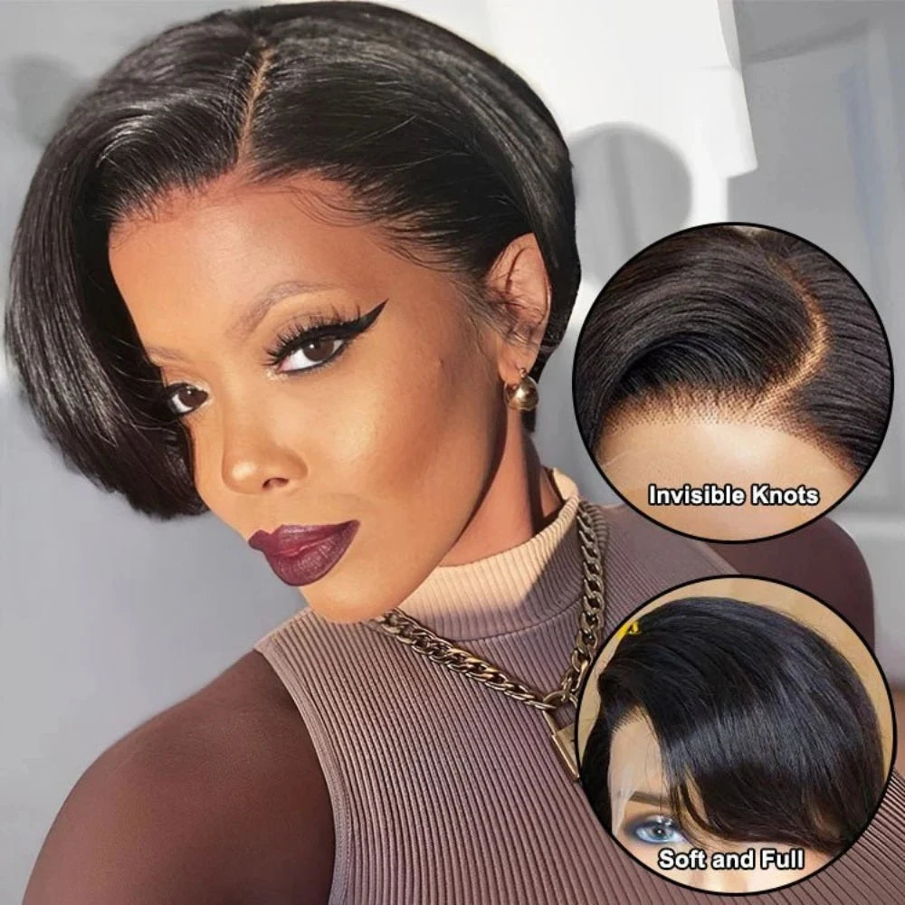 13x4 HD Transparent Lace Front Pixie Cut Wig – 200% Density Short Straight Brazilian Human Hair Wig
