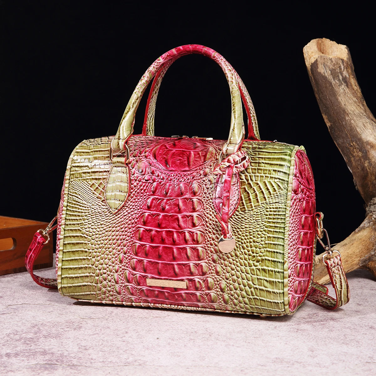 Ombre Crocodile Embossed Leather Boston Bag - Classic Satchel Handbag & Crossbody Purse for Women - Croc-Effect Top Handle Bag