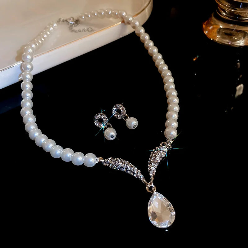 Vintage Pearl & Rhinestone Jewelry Set | Matching Choker Necklace & Earrings