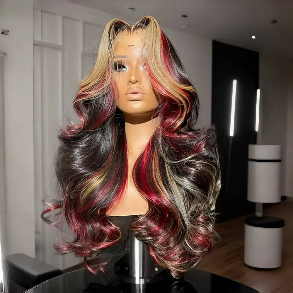 Red & Black Ombre Body Wave Synthetic Wig – 13x6 Lace Front with Blonde Highlights