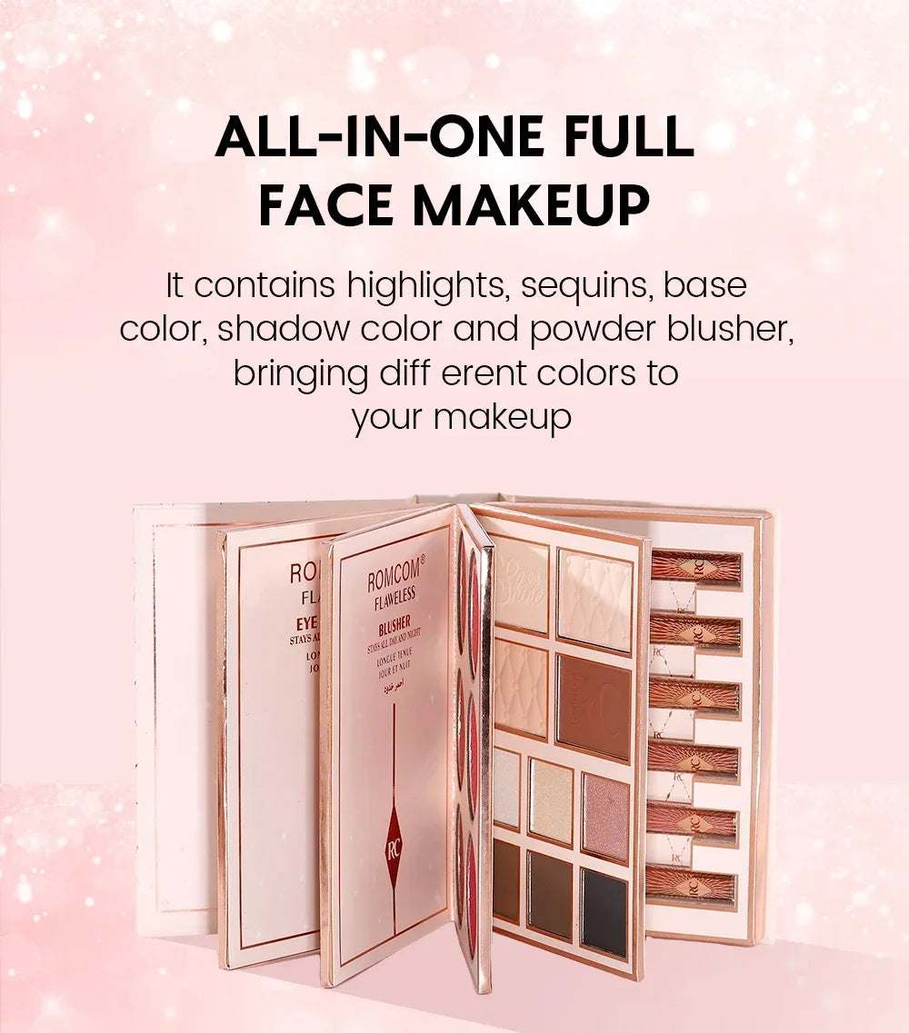 Full Glam Makeup Kit Palette - All-In-One Magic Book with Eyeshadow, Blush & Lip Gloss