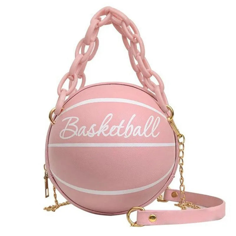 Women’s Fashion Basketball Shoulder Bag – Letter Print PU Leather Crossbody with Chain Strap